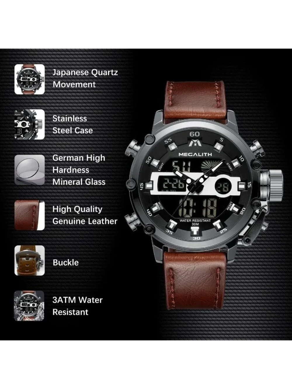 Mens Brown And Black Analog Leather Strap Waterproof Multifunction Digital Watch